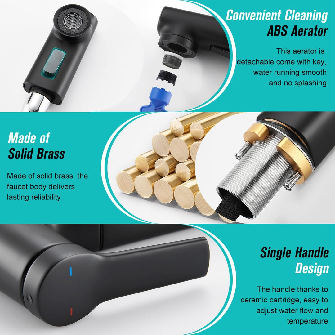 CREA Modern Waschtischarmatur Badezimmer mit 2 Wasserstrahlarten Brause ausziehbar, Einhebelmischer