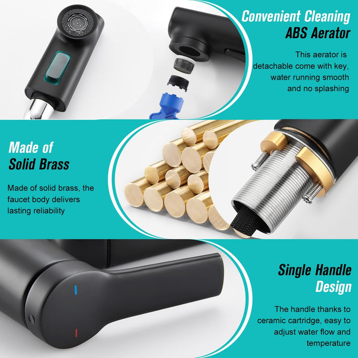 CREA Modern Waschtischarmatur Badezimmer mit 2 Wasserstrahlarten Brause ausziehbar, Einhebelmischer