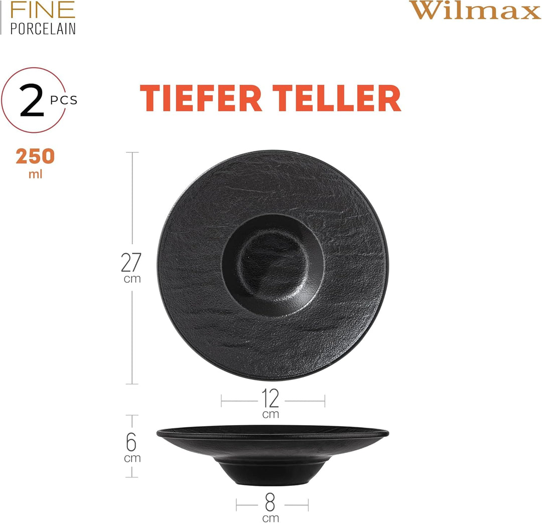 Wilmax | Tiefe Schalen - 2 Stück 27 cm / 250 ml | Schwarze Pastateller | Natursteintextur | Für Past