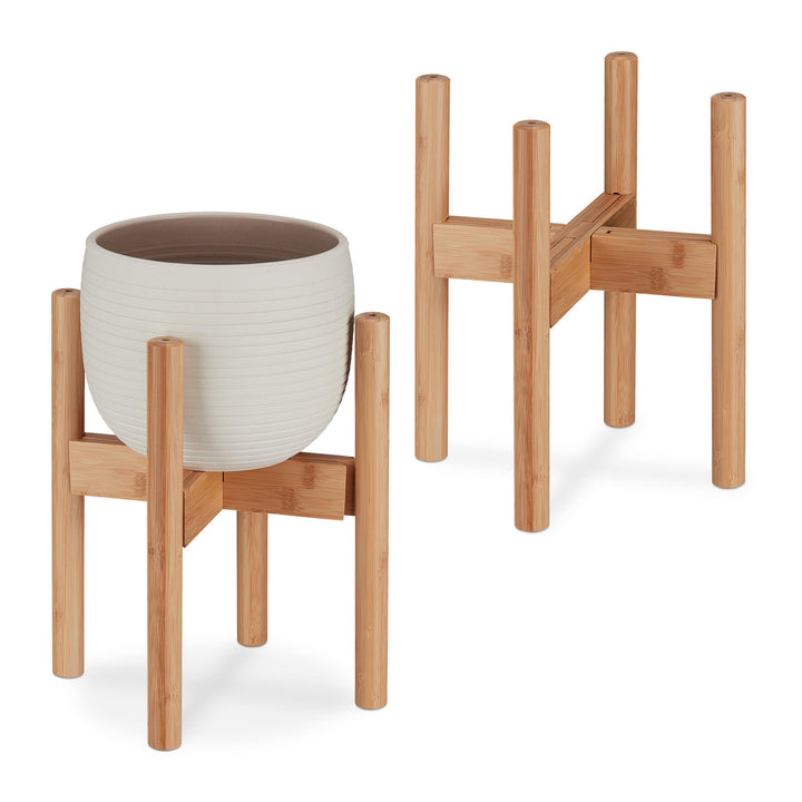Relaxdays Pflanzenständer, Bambus Blumenständer im 2er Set, für Blumentöpfe bis 32 cm Ø, verstellbar