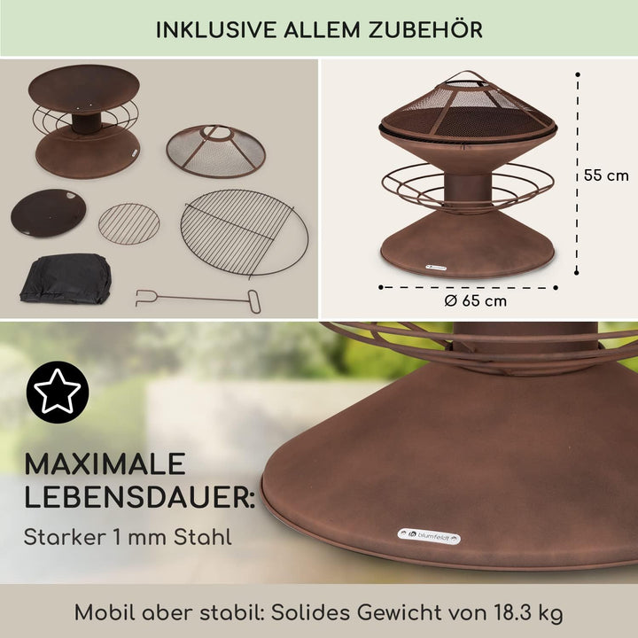 Blumfeldt Feuerschale, Wetterfeste Feuerschale mit Grillrost & Funkenschutz, Stahl-Feuerschalen Klei