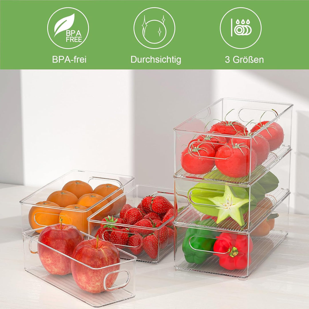 FINEW Kühlschrank Organizer 12er Set (4 Klein, 4 Mittel, 4 Gross), Stapelbar Kühlschrank Behälter, D