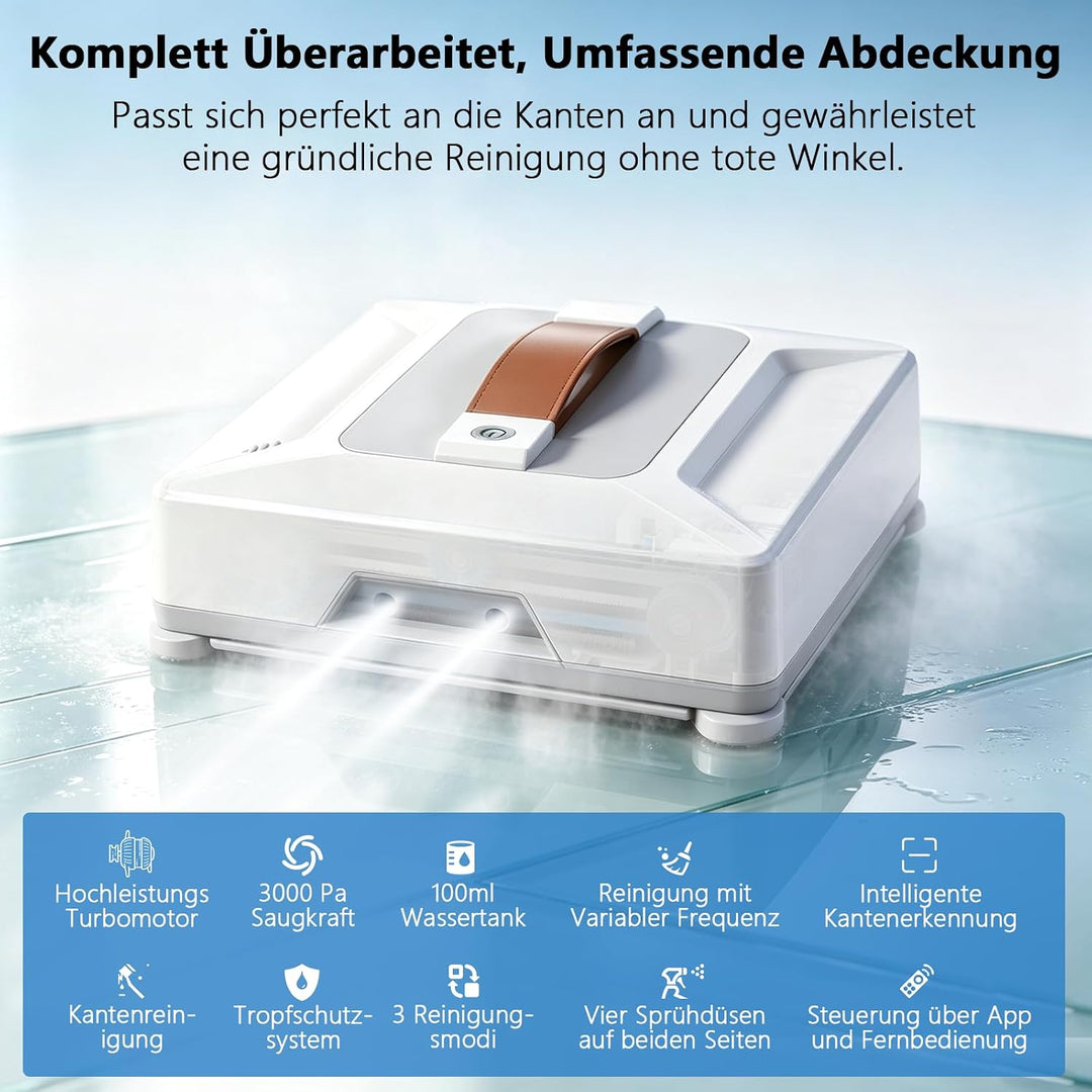 Fensterputzroboter mit KI-Navigation 3000Pa Saugkraft, 100ML Wassertank