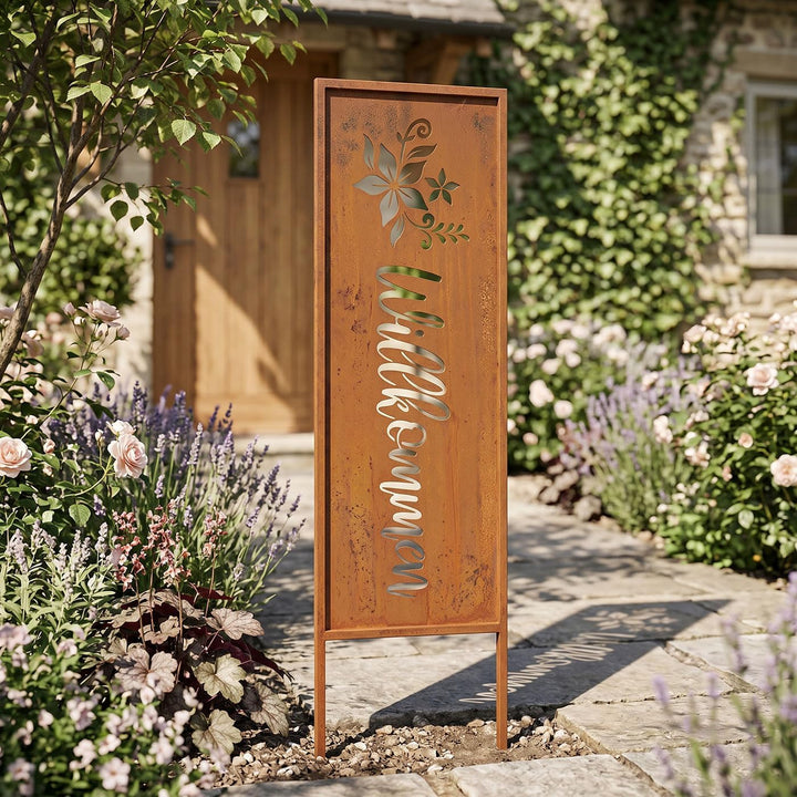 levandeo Willkommen H83cm Stele Rost Rostdeko Braun Gartenstecker Garten-Deko Gartenstecker Gartenst