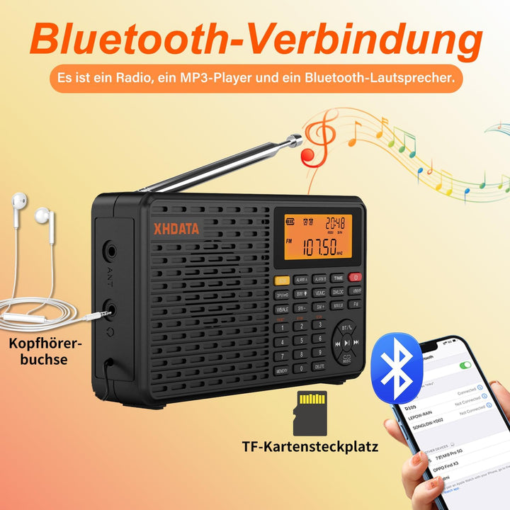 XHDATA D109WB Klein Tragbares Retro Radio FM/AM/LW TF/Bluetooth MP3-Player SOS-Alarm Küchenradio Out