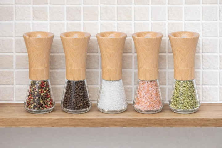 Salz und Pfeffermühle - Buchenholz Glas Gewürzmühle – Einstellbarer Mahlgrad Pfeffer Salzmühle – Mod