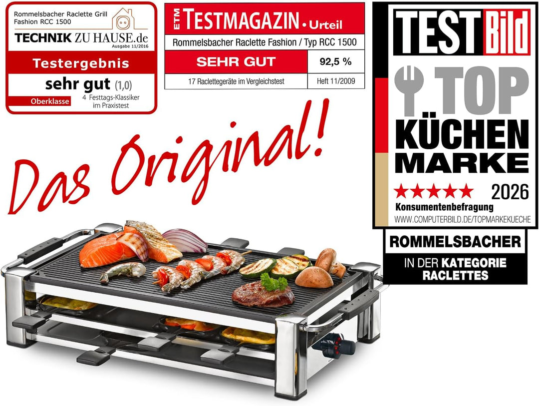 ROMMELSBACHER RCC 1500 Raclette-Grill (extra langes Kabel (2m), Tischgrill für 8 Personen, gerippte