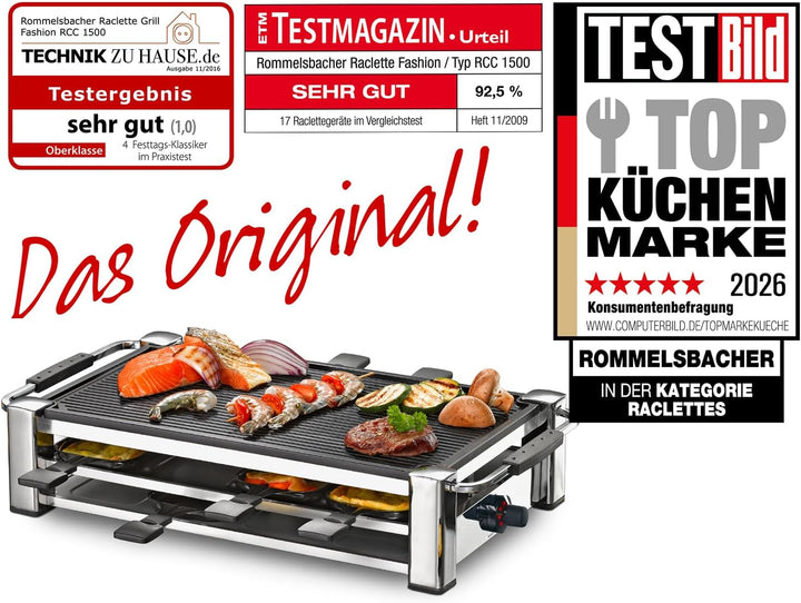 ROMMELSBACHER RCC 1500 Raclette-Grill (extra langes Kabel (2m), Tischgrill für 8 Personen, gerippte