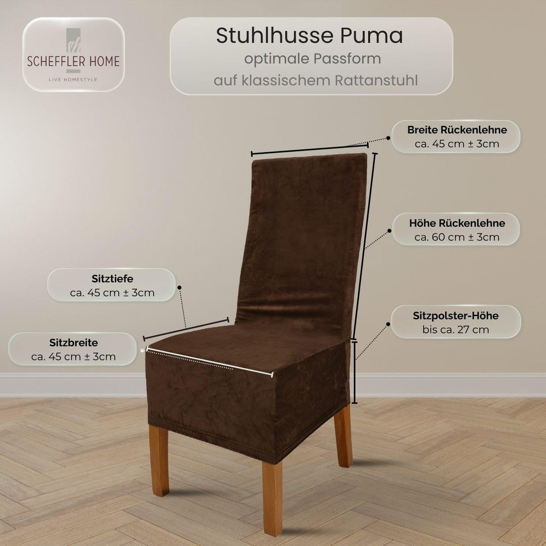 SCHEFFLER-Home Stretch Stuhlhussen Samt Puma Velvet/Velours Stuhlhussen Braun 2er Set/Stuhlabdeckung