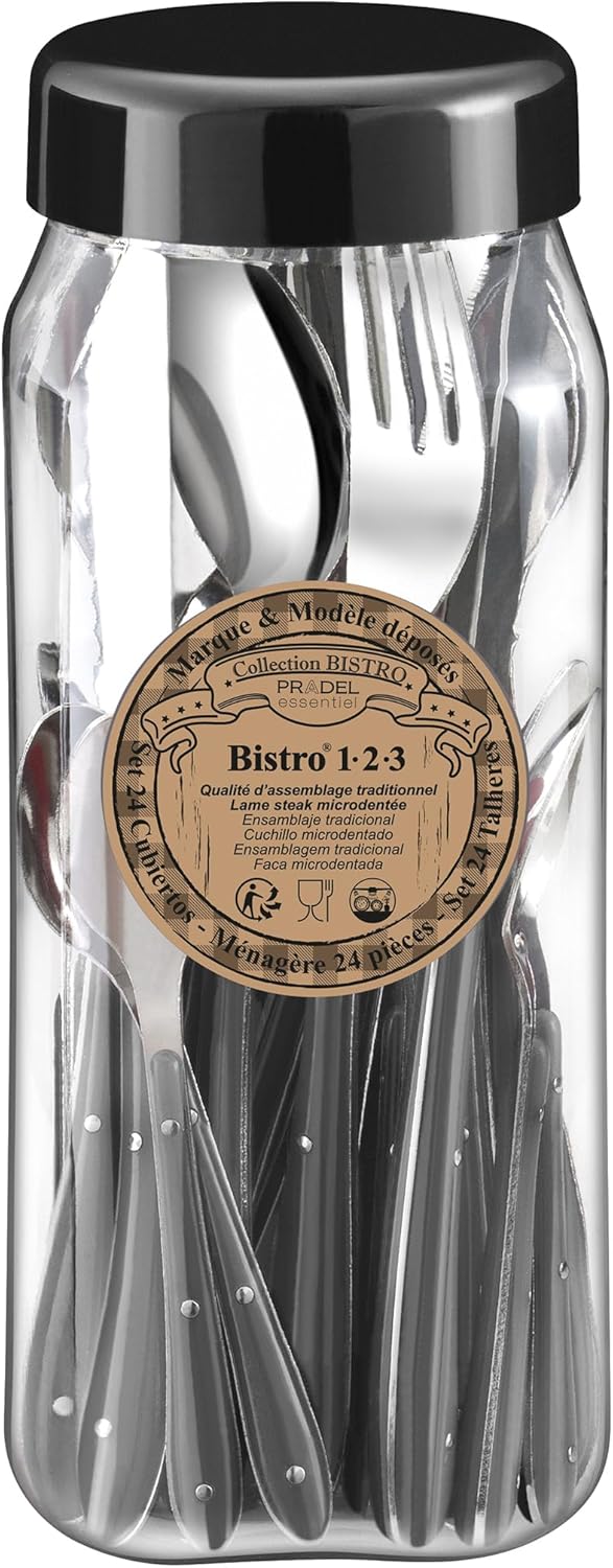 Amefa S24 PP Bistro Besteck, 24 Teile, Edelstahl, 1,5 mm dick, Grau/Schwarz, 9 x 9 x 24 cm, Schwarz