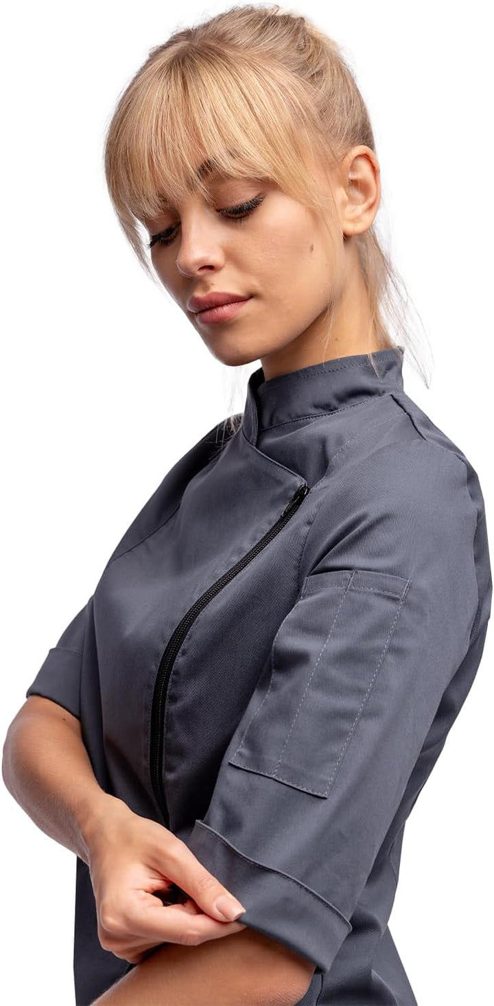 strongAnt Kochjacke Damen kurzarm Stretch mit Druckknöpfen oder Reissverschluss Kochuniform XS Grau