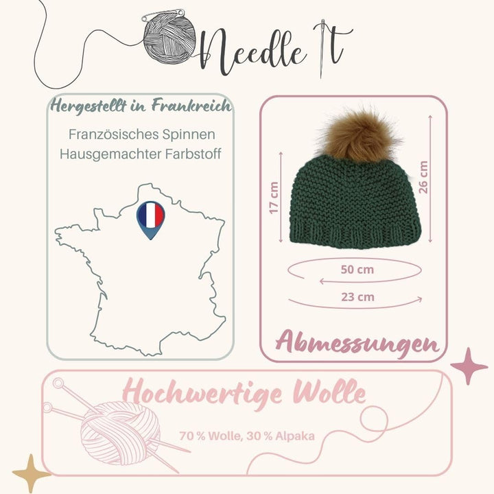 Needle It® Strickset Mütze komplett dunkelgrün - Wollmütze zum Selberstricken für Kinder und Erwachs