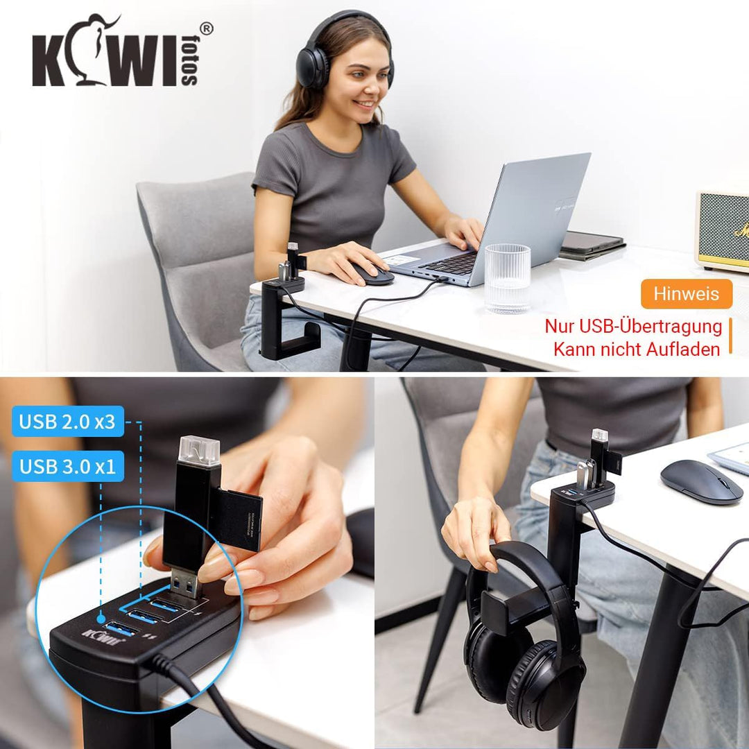 KIWIFOTOS 2-in-1-Kopfhörerständer unter dem Schreibtisch mit 4 Anschlüssen USB-Hub-Organizer, Headse