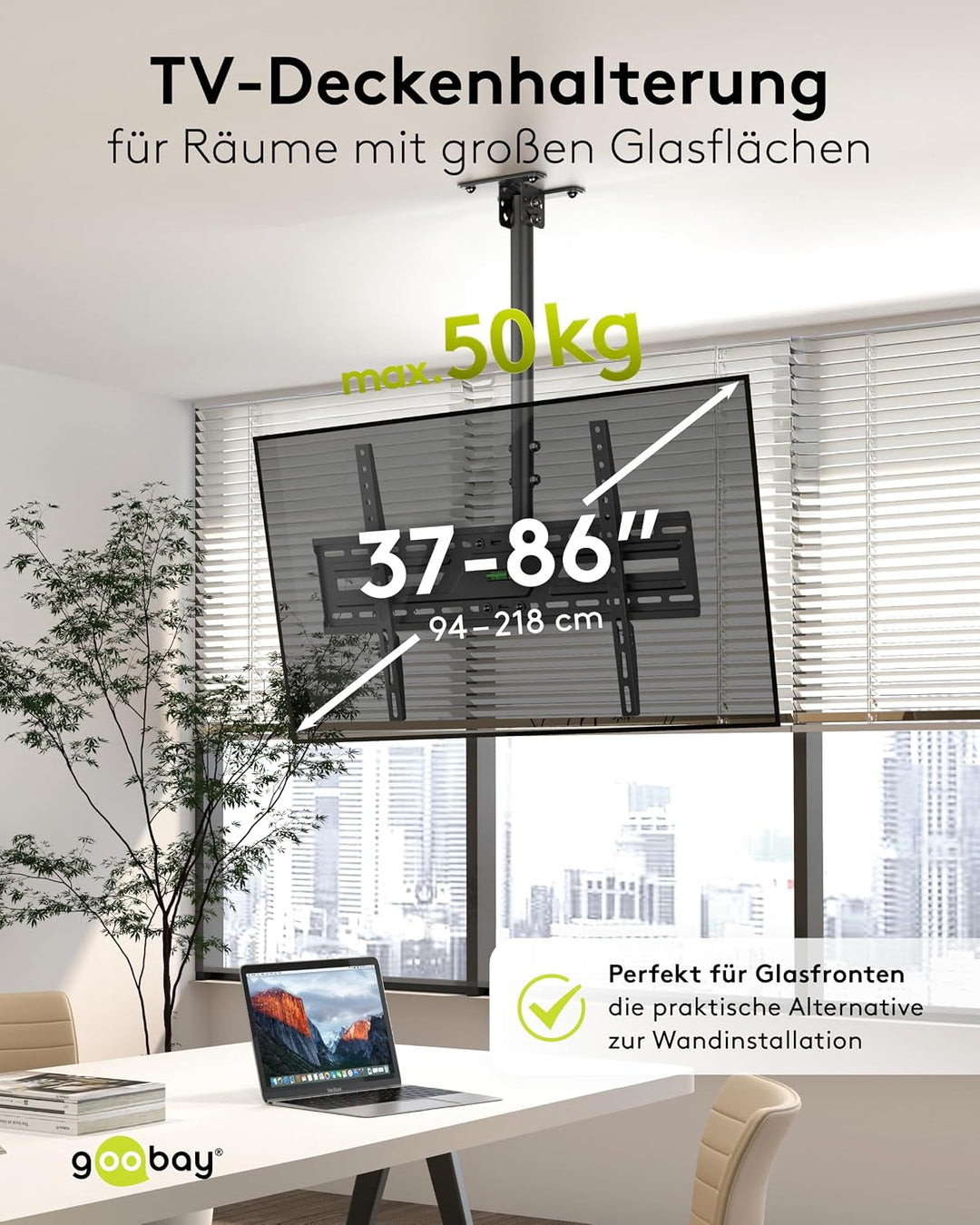 TV-Deckenhalterung für 37-86 Zoll, VESA 600x400, schwenkbar, neigbar, 50 kg | Pulverbeschichteter St