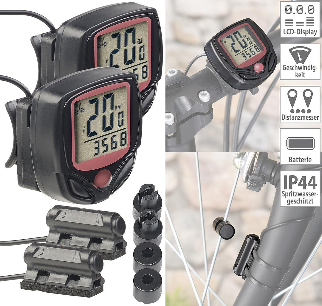 PEARL Sports Fahrradtachos: 2er-Set 15in1-Fahrrad-Computer mit LCD-Display &amp; Radsensor, IP44 (Kilome