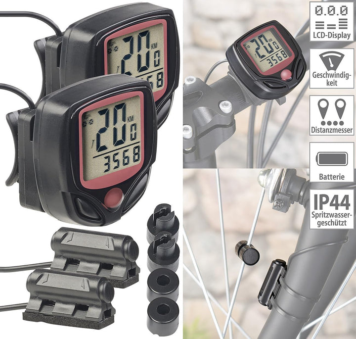 PEARL Sports Fahrradtachos: 2er-Set 15in1-Fahrrad-Computer mit LCD-Display &amp; Radsensor, IP44 (Kilome