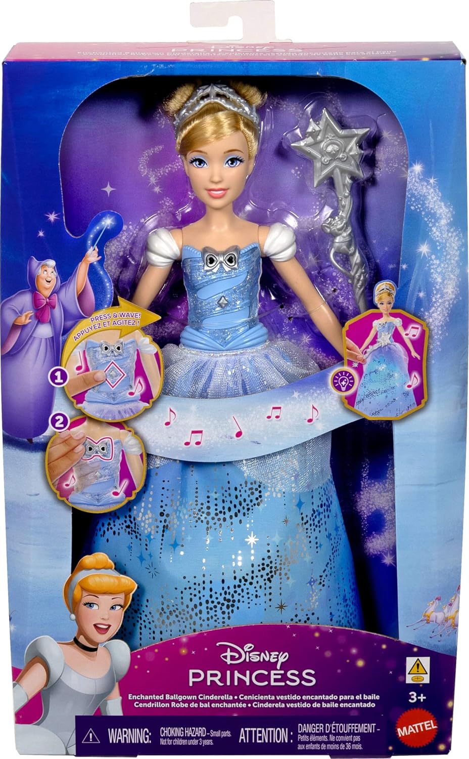 Mattel Disney Princess, Cinderella mit aufleuchtendem Kleid und Soundeffekten, aktiviert durch Zaube