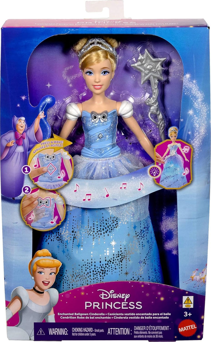 Mattel Disney Princess, Cinderella mit aufleuchtendem Kleid und Soundeffekten, aktiviert durch Zaube