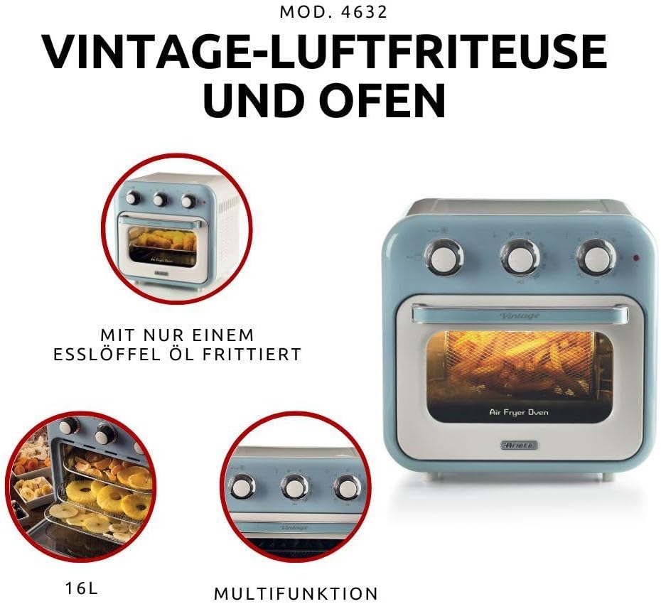 Ariete 4632 Vintage Heissluftfritteuse und Backofen, 1400 W, 2in1, 16 l Fassungsvermögen, inklusive