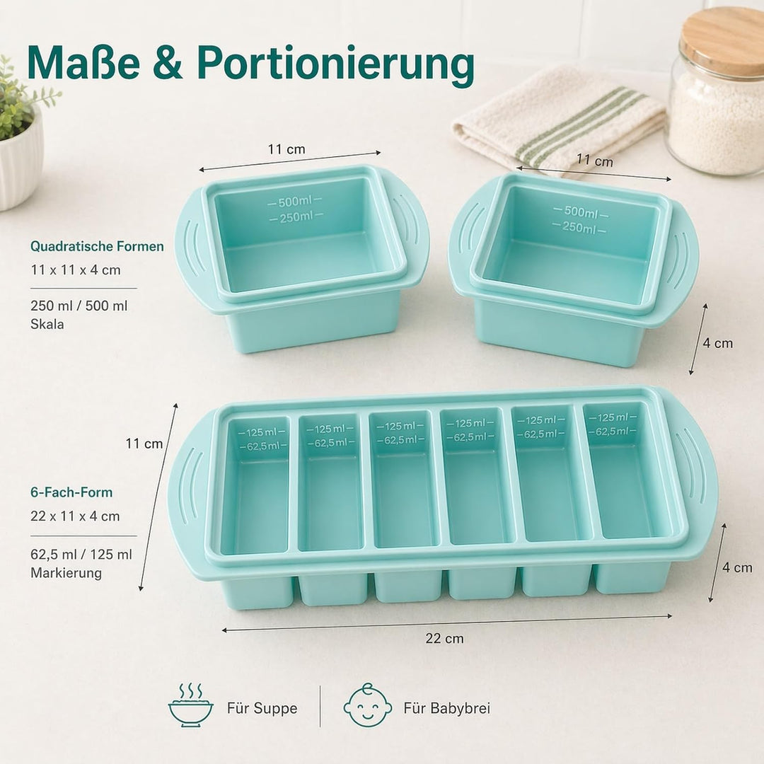 Silikon Gefrierform 3er Set mit Deckel – für Meal Prep, Suppe &amp; Sosse | 6 × 125 ml + 2 × 500 ml für
