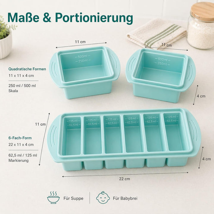 Silikon Gefrierform 3er Set mit Deckel – für Meal Prep, Suppe &amp; Sosse | 6 × 125 ml + 2 × 500 ml für