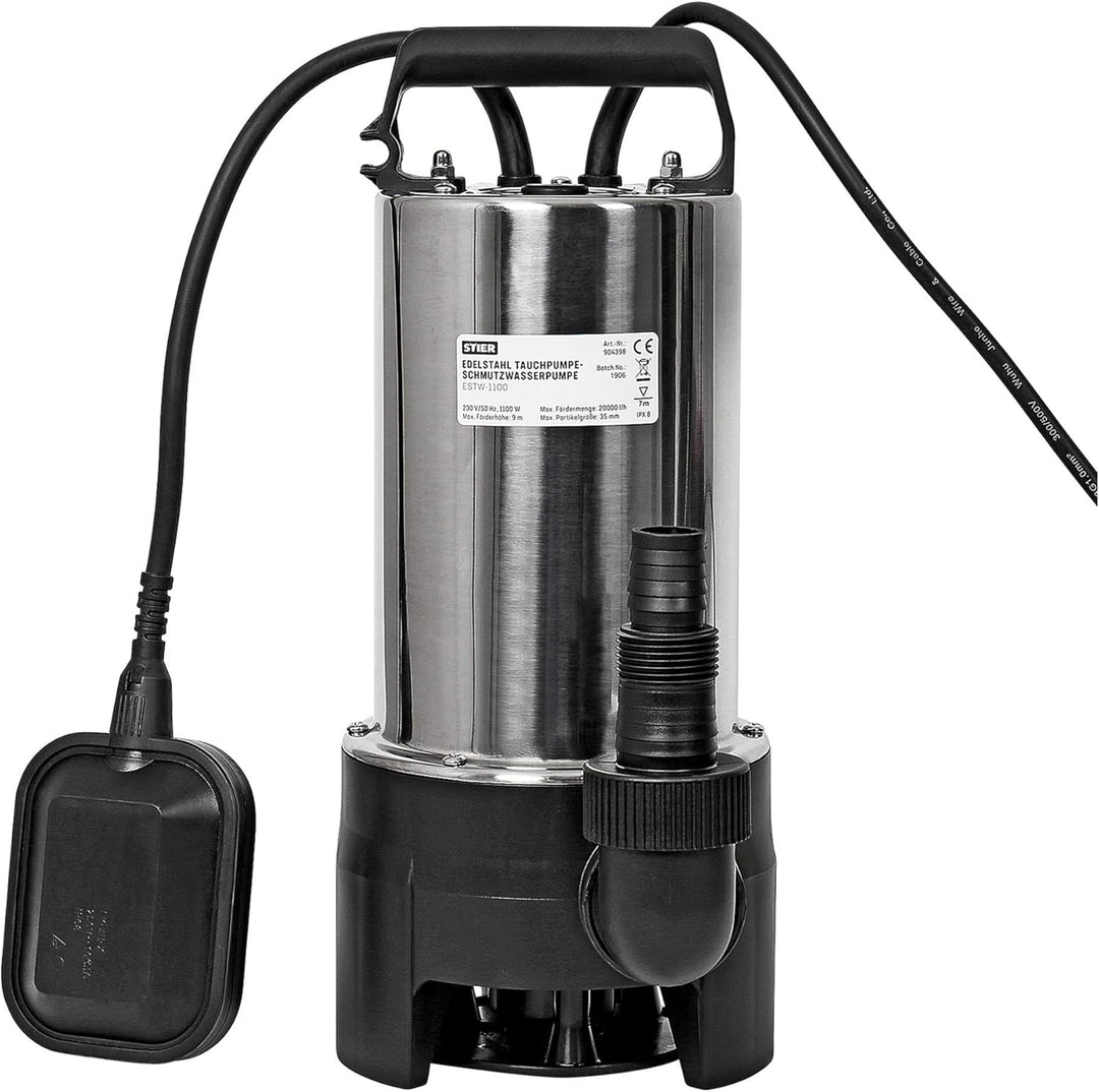 STIER Edelstahl Tauchpumpe Schmutzwasserpumpe ESTW-1100, 20.000 l/h, 11000 W, Edelstahlgehäuse, Schw