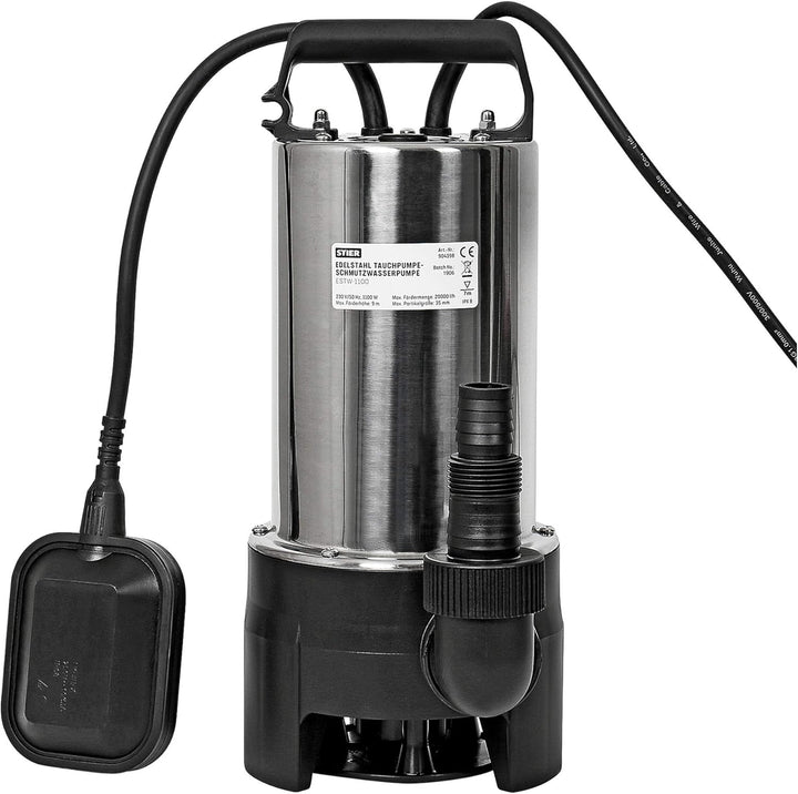 STIER Edelstahl Tauchpumpe Schmutzwasserpumpe ESTW-1100, 20.000 l/h, 11000 W, Edelstahlgehäuse, Schw
