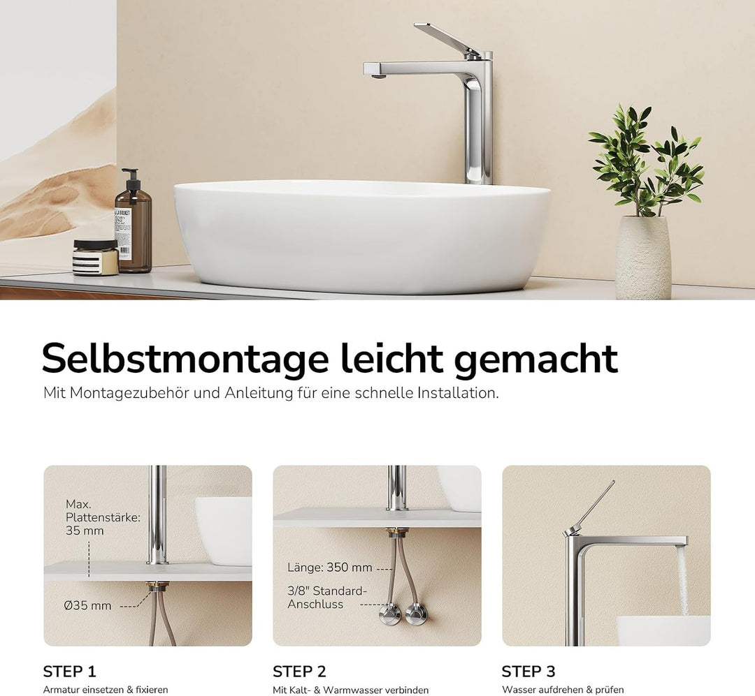 EMKE Wasserhahn Bad Chrom, waschtischarmatur, 4MS Messing, Wasserhahn Bad mit Auslauf Höhe 265mm, Mi