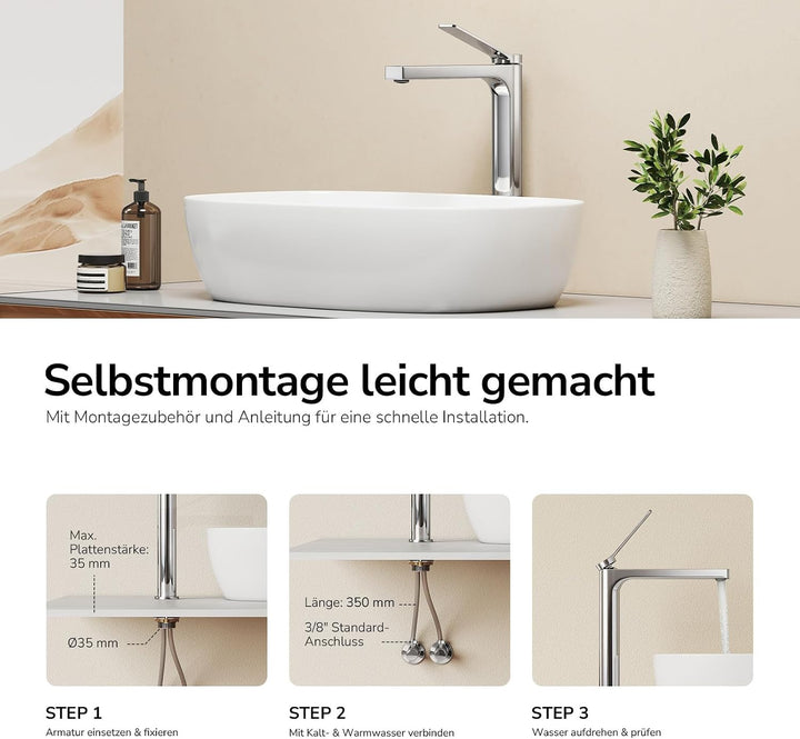 EMKE Wasserhahn Bad Chrom, waschtischarmatur, 4MS Messing, Wasserhahn Bad mit Auslauf Höhe 265mm, Mi