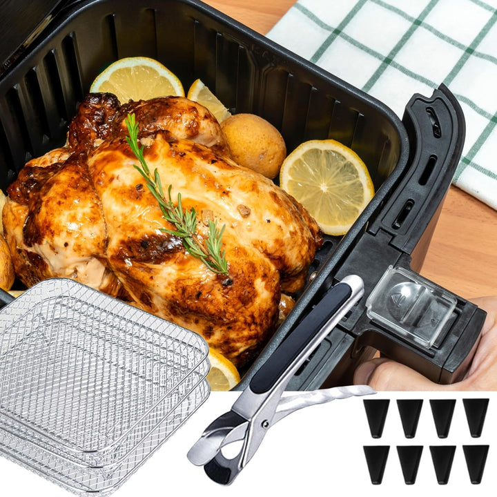 Luftfritteusen-Regal, Edelstahl, 3-lagig, stapelbares Luftfritteusen-Regal mit 8 Silikonfüssen, für