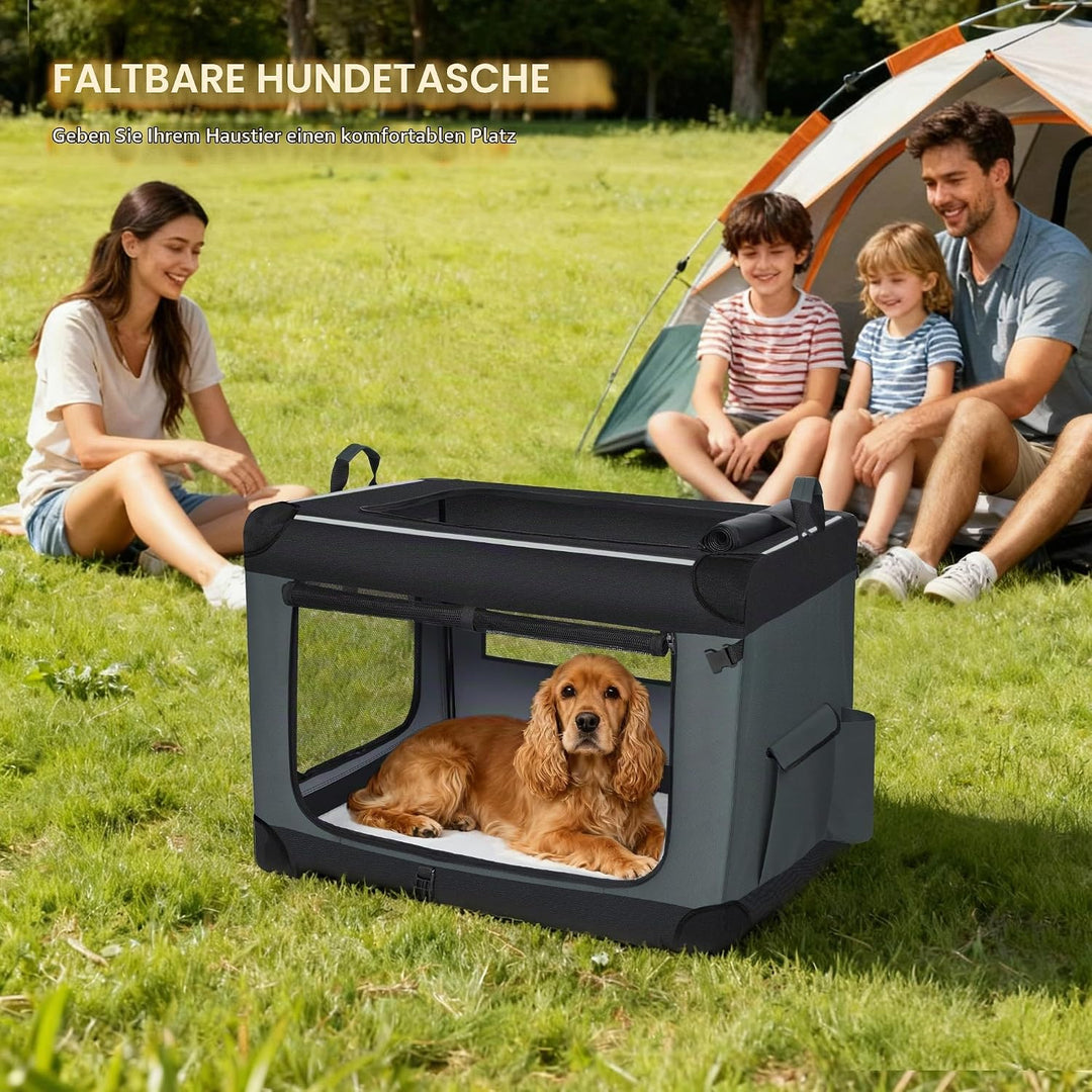 Hundebox Faltbar, 3-Türiger Transportbox Hund, 76,2 × 53,4 × 53,4cm, Tragbare Hundetasche mit Reflek