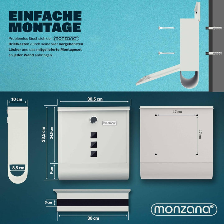 MONZANA® Design Briefkasten Stahl mit Zeitungsfach Sichtfenster Namensschild 2 Schlüssel Postkasten
