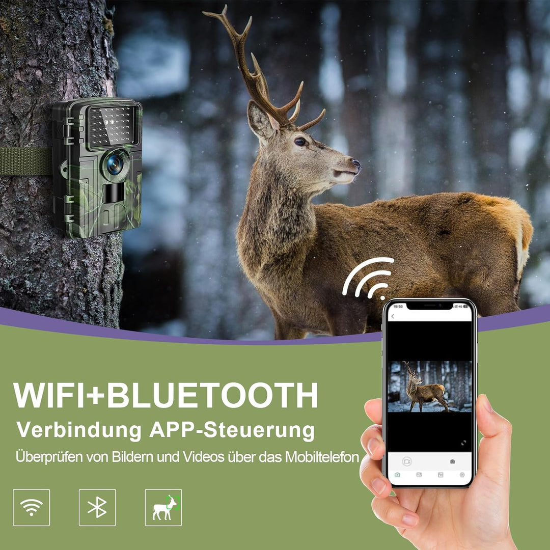 Wildkamera, 4K Video Wildtierkamera, 60MP Full HD WLAN mit Handyübertragung APP, Bewegungssensor, Na