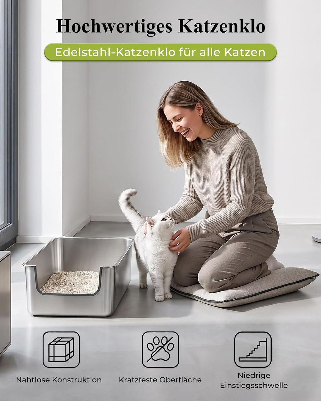 Katzenklo Edelstahl niedriger Einstieg, Katzentoilette mit hoher Rand 20CM. | 50x35cm Metall Katzent