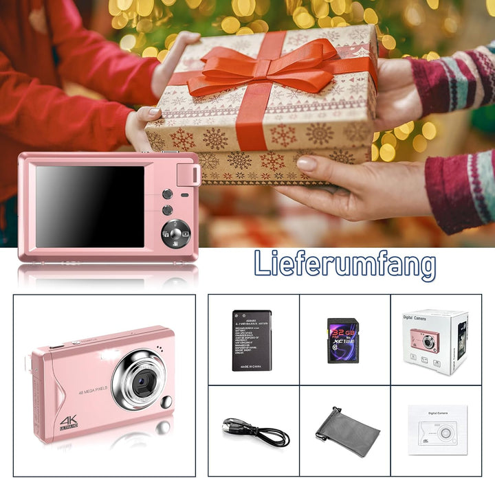 Digitalkamera, 1080P 48MP Fotokamera 4K HD Kompaktkamera mit 32GB SD-Karte FHD Digital Kamera, Fotoa