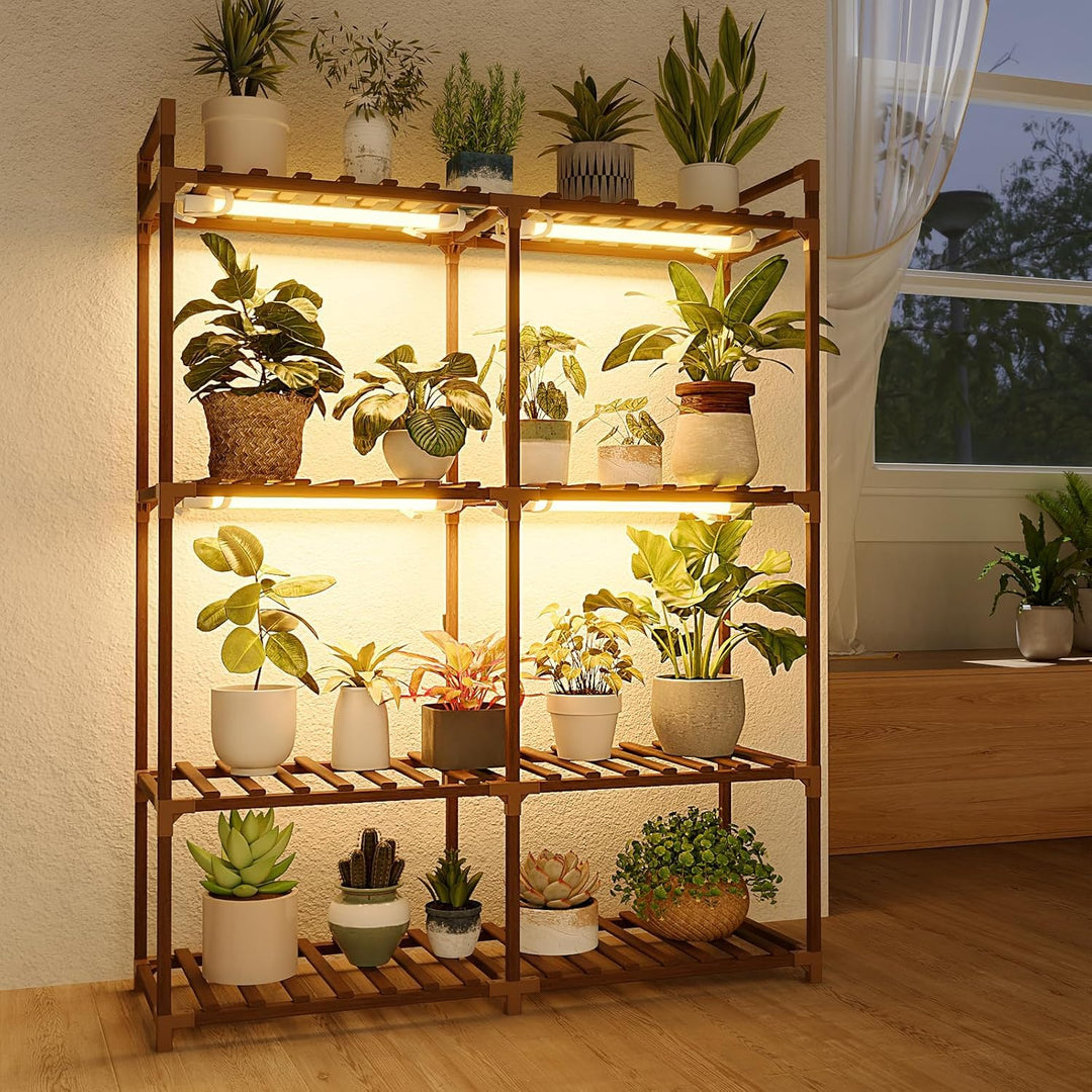 Bamworld Blumenständer mit Pflanzenlampe, 8-stöckiges Pflanzenregal aus Holz mit LED Grow Light, Pfl