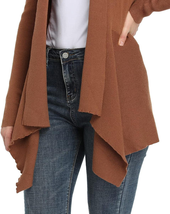Dilgul Damen Cardigan Elegant Langarm Open Front Unregelmässiger Saum Strickjacke Pullover 34 Kamel,