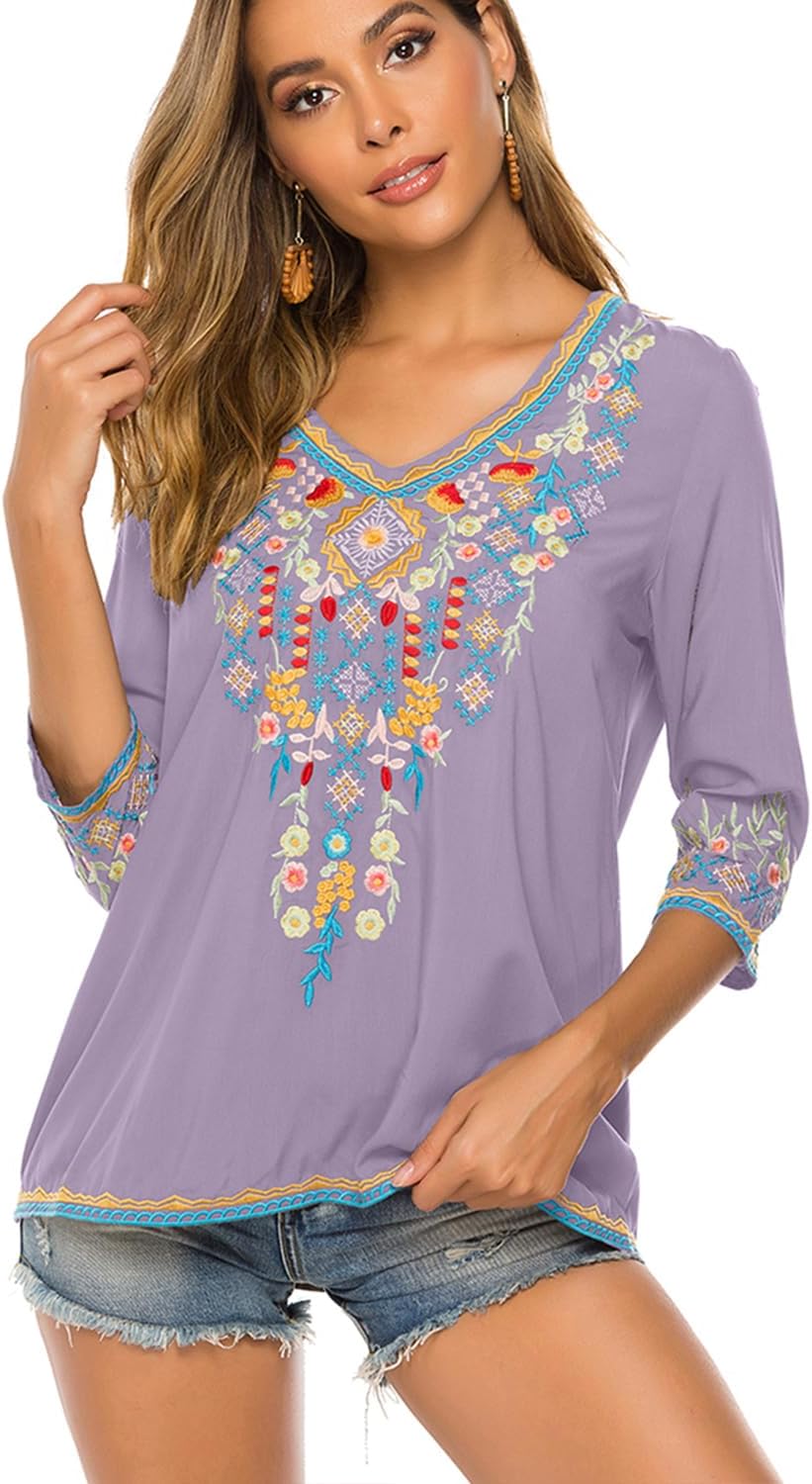 Bluse Stickerei Damen Boho Bestickte Oberteile Tunika Folklore Hippie Blusen Blumenmuster Oberteil K