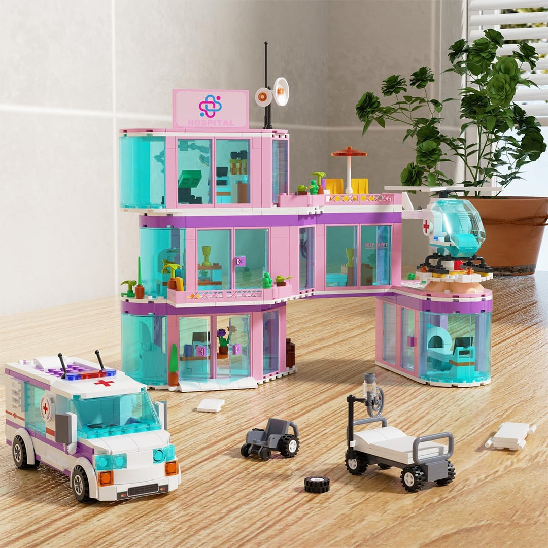 QLT QIAOLETONG Rosa Mädchen City Krankenhaus Baustein Set, Kompatibel mit Lego, inklusive Rettungs H