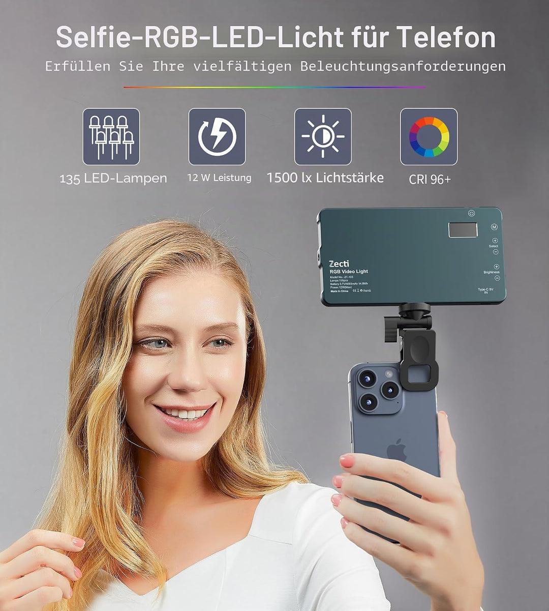 Selfie Licht mit RGB-Vollfarbe, 135 LED 4000mAh CRI96+ LED Videoleuchte mit Hotshoe und Clip,2500K-9
