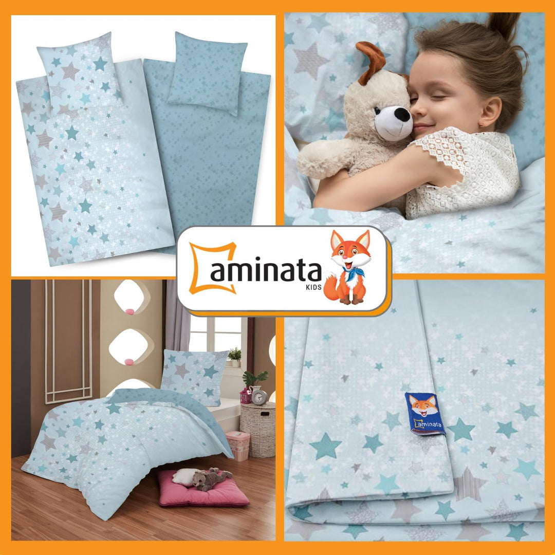 Aminata kids Bettwäsche 135x200 Sterne türkis Baumwolle Stern-Motiv, Reissverschluss weich &amp; atmungs