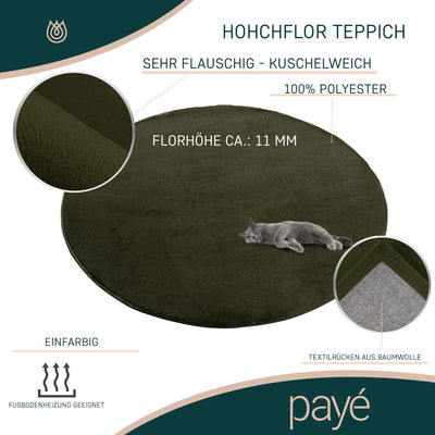 payé Teppich Wohnzimmer Hochflor Grün - 160x160cm - Rund Super Soft Kuschelweich Flauschig Modern Ei