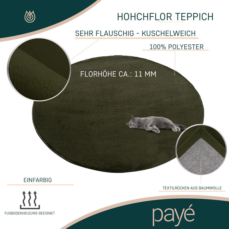 payé Teppich Wohnzimmer Hochflor Grün - 120x120cm - Rund Super Soft Kuschelweich Flauschig Modern Ei