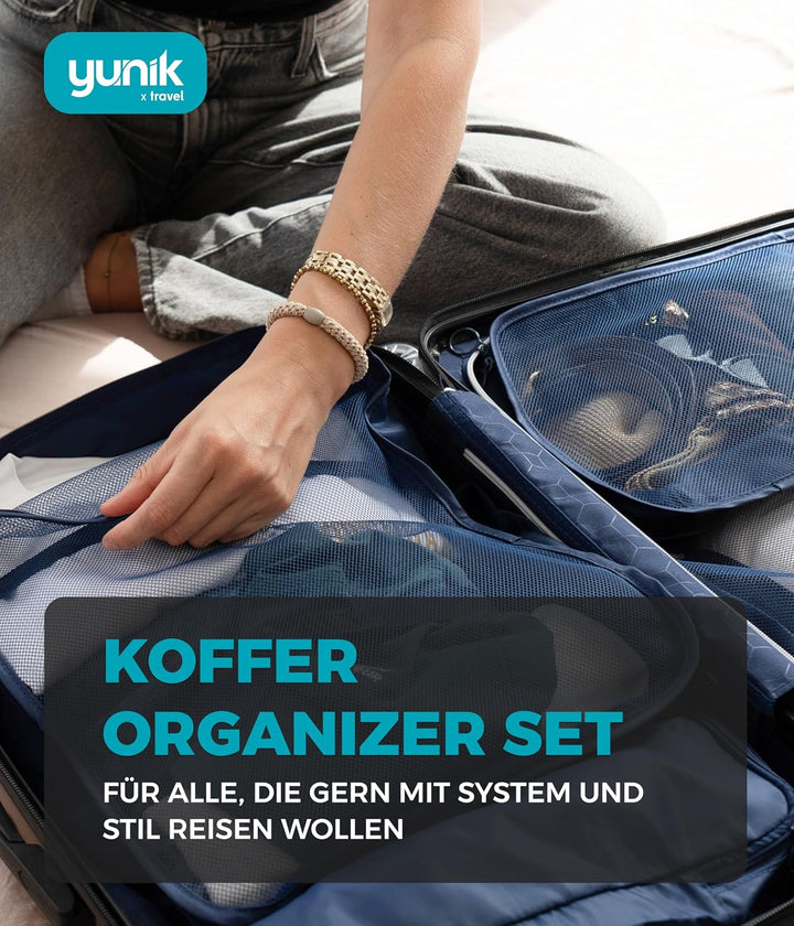 Yunik® Koffer Organizer Set 8-teilig Blau – Kompressionstaschen für Kleidung, Schuhe & Technik – Pac