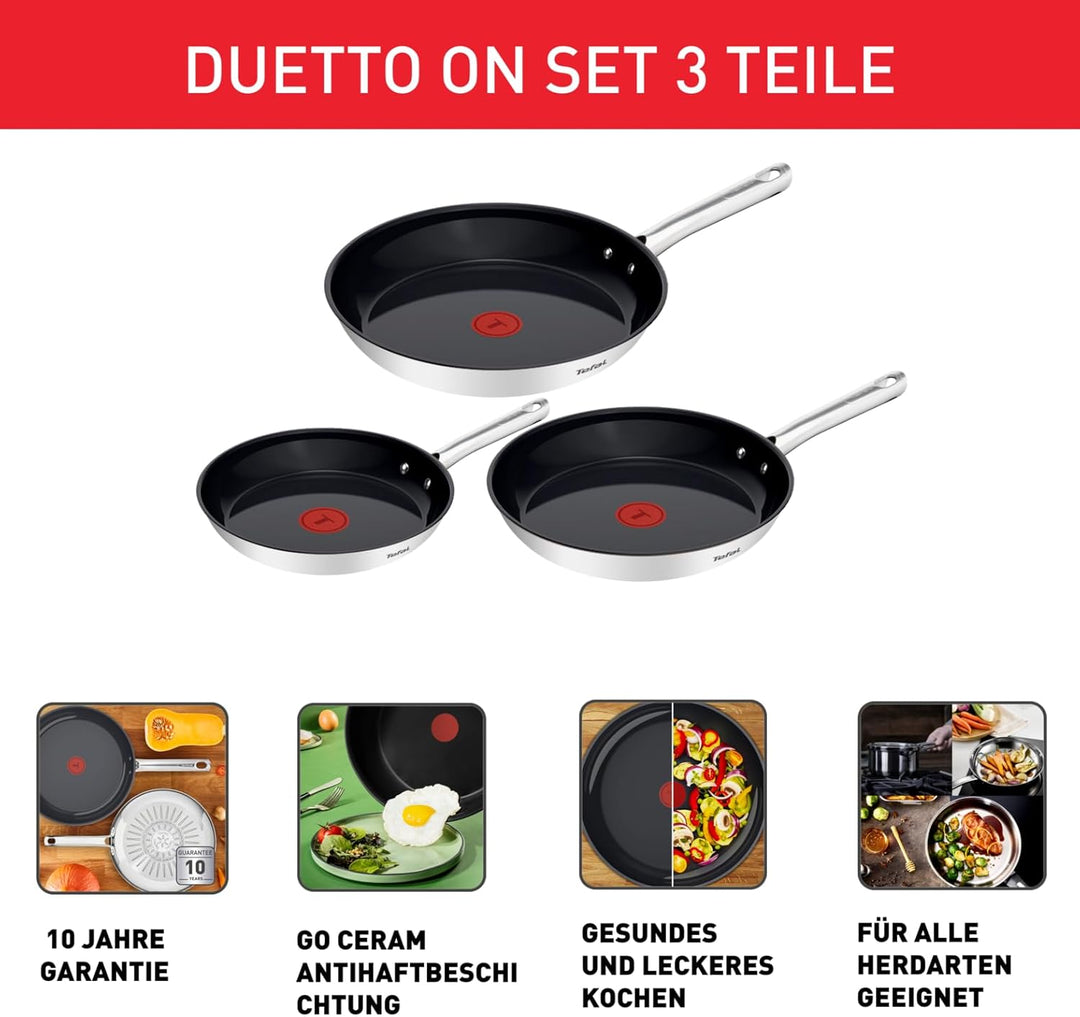 Tefal Duetto On Pfannen-Set, 3-tlg. 20/24/28 cm, Go Ceram keramische Antihaftbeschichtung, Thermo-Si