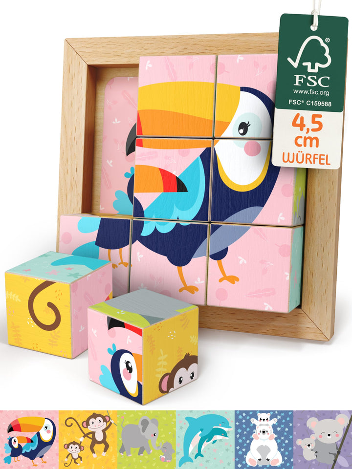 Merle Toys® 6-in-1 Würfelpuzzle ab 2 Jahre aus 100% Öko-Buchenholz, Würfelpuzzle ab 3 Jahre, Bilderw