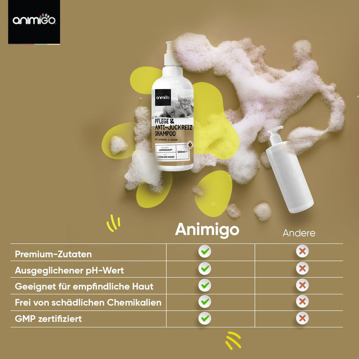 animigo Pflege & Anti-Juckreiz Shampoo - Für Haut, Fellpflege, Juckreiz - 500ml Hunde & Katzenshampo