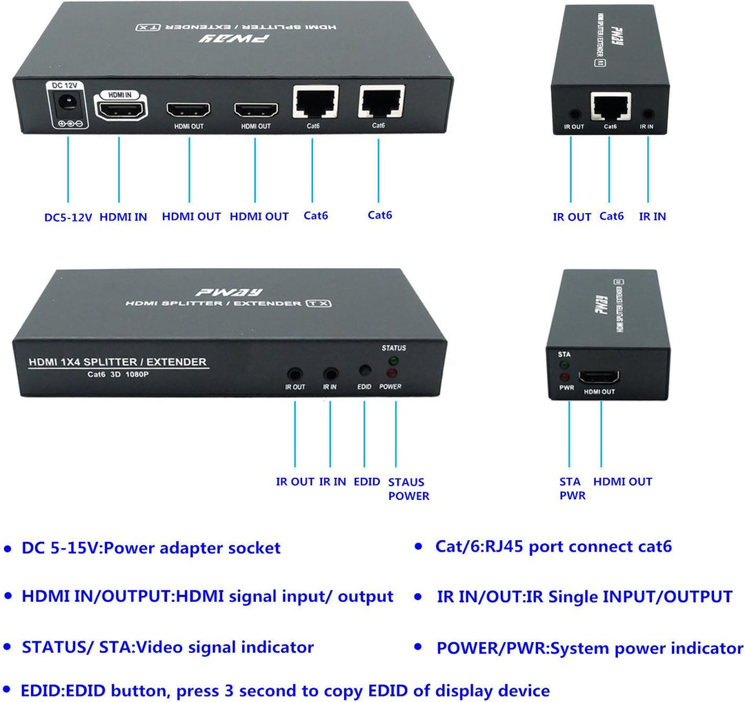 PW-HTS0102IR（POC） 1X2 Port HDMI Splitter Extender/Verteiler Ultra HD 1080P Ohne Verzögerung 60m über