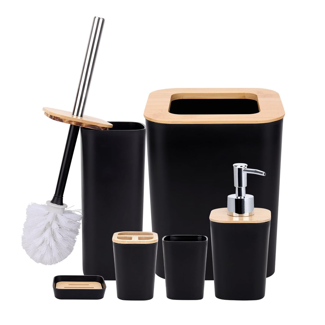 Badezimmer Zubehör Set 7Pcs Waschraum Zubehör Set aus Bambus, Lotion-Flaschen, Zahnbürstenhalter, Za
