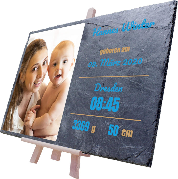 wandmotiv24 Schieferplatte mit eigenem Foto zur Geburt, 30 x 20 cm, inklusive Staffelei, Babyfoto, G